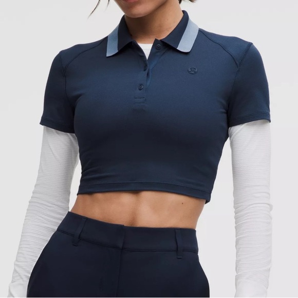 Lululemon Pique Slim-Fit Cropped Polo Shirt - Size 14 Club Blue/Washed Denim - Picture 1 of 5